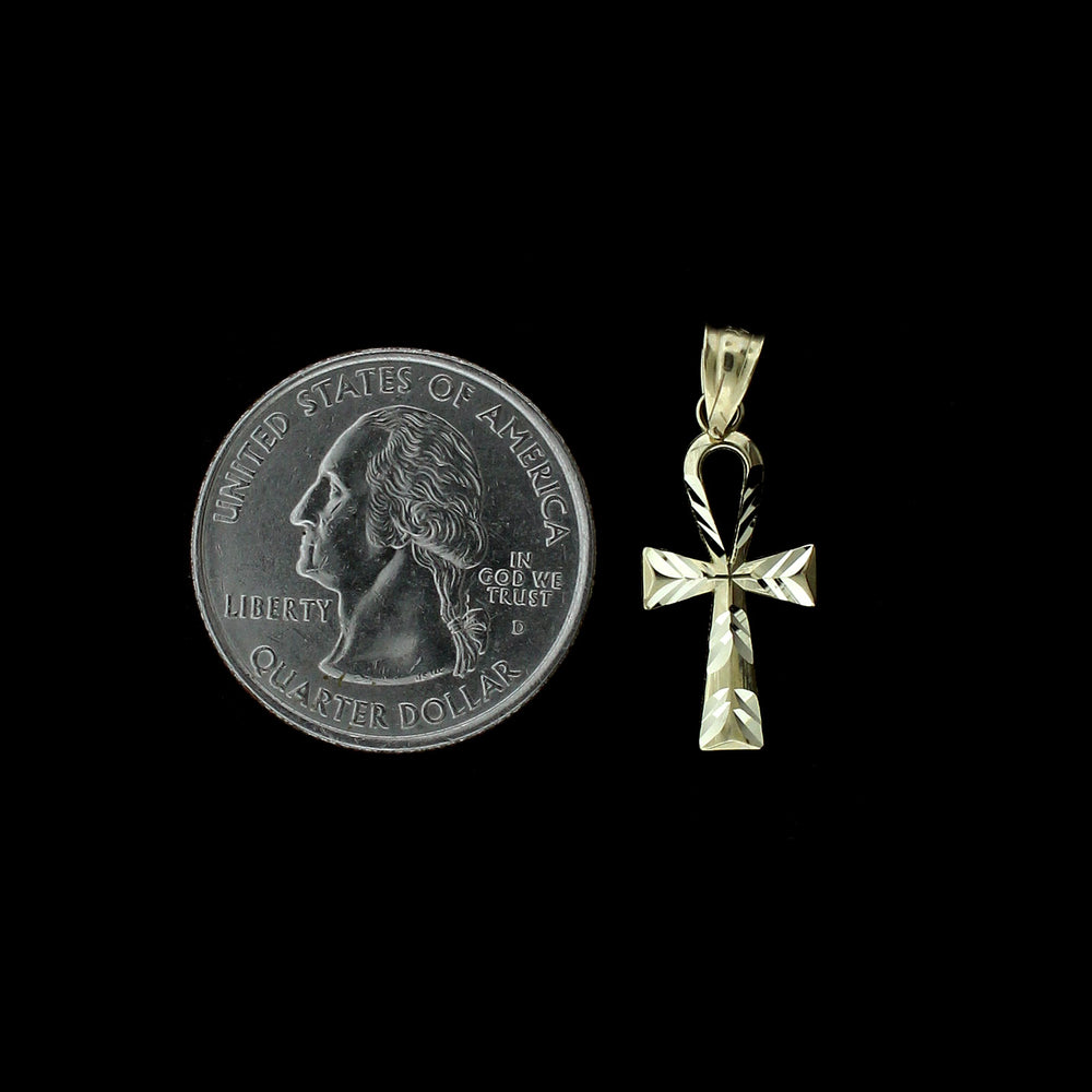Real 10K Yellow Gold Small Diamond Cut Egyptian Ankh Cross Charm Pendant