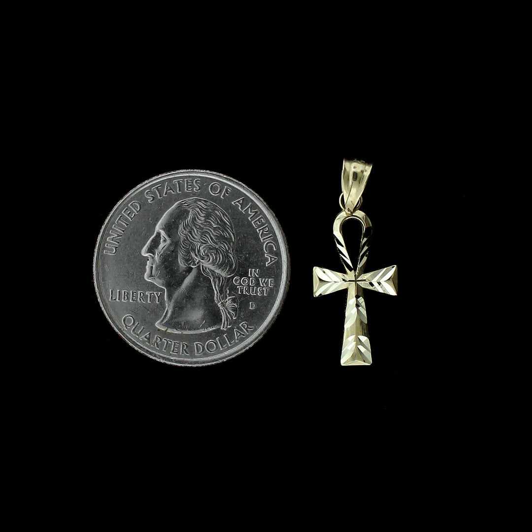 Real 10K Yellow Gold Small Diamond Cut Egyptian Ankh Cross Charm Pendant
