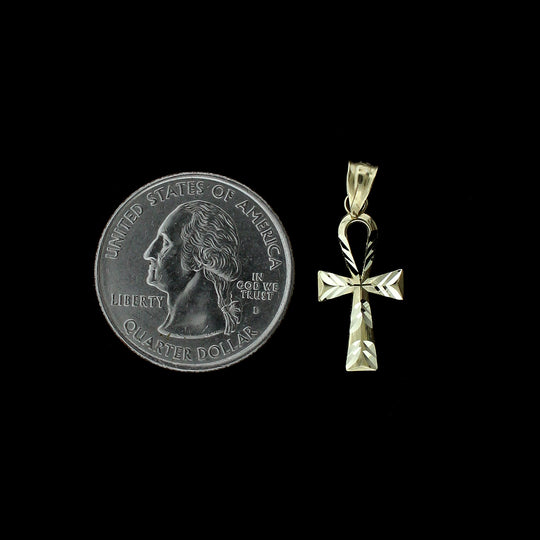 Real 10K Yellow Gold Small Diamond Cut Egyptian Ankh Cross Charm Pendant