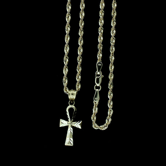 Mens Real 10K Yellow Gold Egyptian Ankh Cross Charm Pendant With 2.5mm Rope Chain Necklace Set
