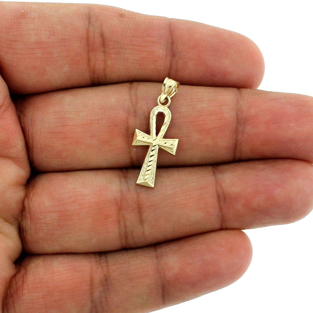 Real 10K Yellow Gold Diamond Cut Small Egyptian Ankh Cross Pendant &amp; Rope Chain Necklace Set