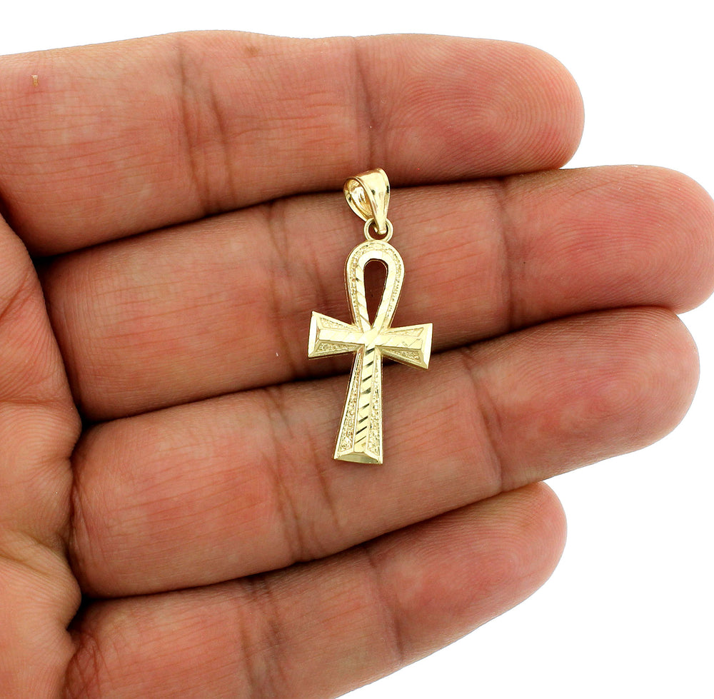 Real 10K Yellow Gold Diamond Cut Medium Egyptian Ankh Cross Pendant & Rope Chain Necklace Set