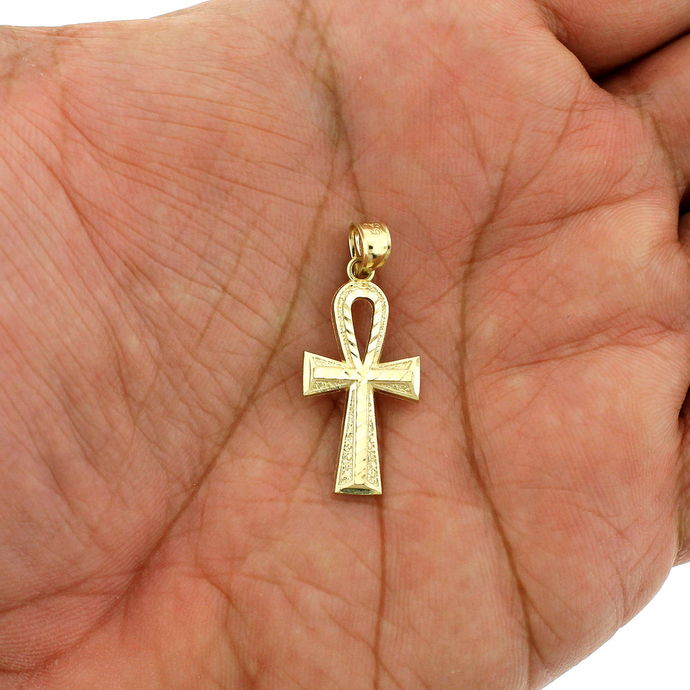 Real 10K Solid Yellow Gold Small Diamond Cut Egyptian Ankh Cross Charm Pendant