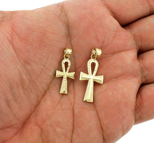 Real 10K Yellow Gold Diamond Cut Egyptian Ankh Cross Charm Pendant - 2 Sizes