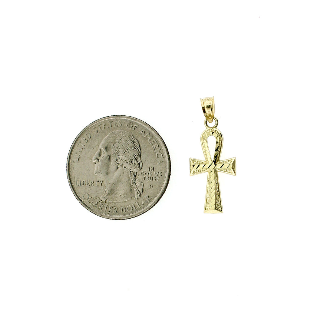 Real 10K Yellow Gold Diamond Cut Small Egyptian Ankh Cross Pendant &amp; Rope Chain Necklace Set