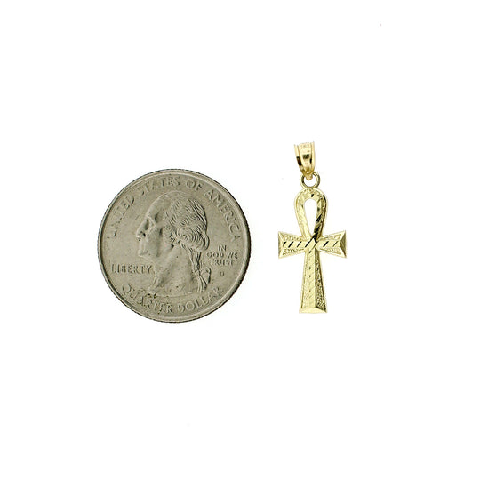 Real 10K Yellow Gold Diamond Cut Small Egyptian Ankh Cross Pendant &amp; Rope Chain Necklace Set