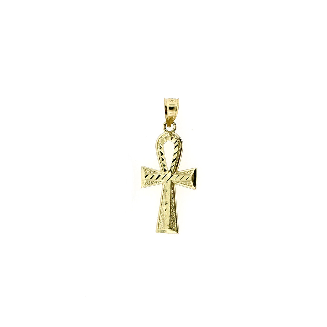 Mens Real 10K Yellow Gold Medium Diamond Cut Egyptian Ankh Cross Charm Pendant