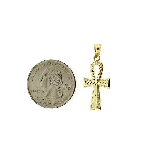 Real 10K Yellow Gold Diamond Cut Medium Egyptian Ankh Cross Pendant &amp; Rope Chain Necklace Set
