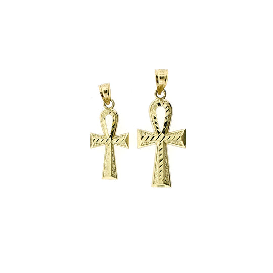 Real 10K Yellow Gold Diamond Cut Egyptian Ankh Cross Charm Pendant - 2 Sizes
