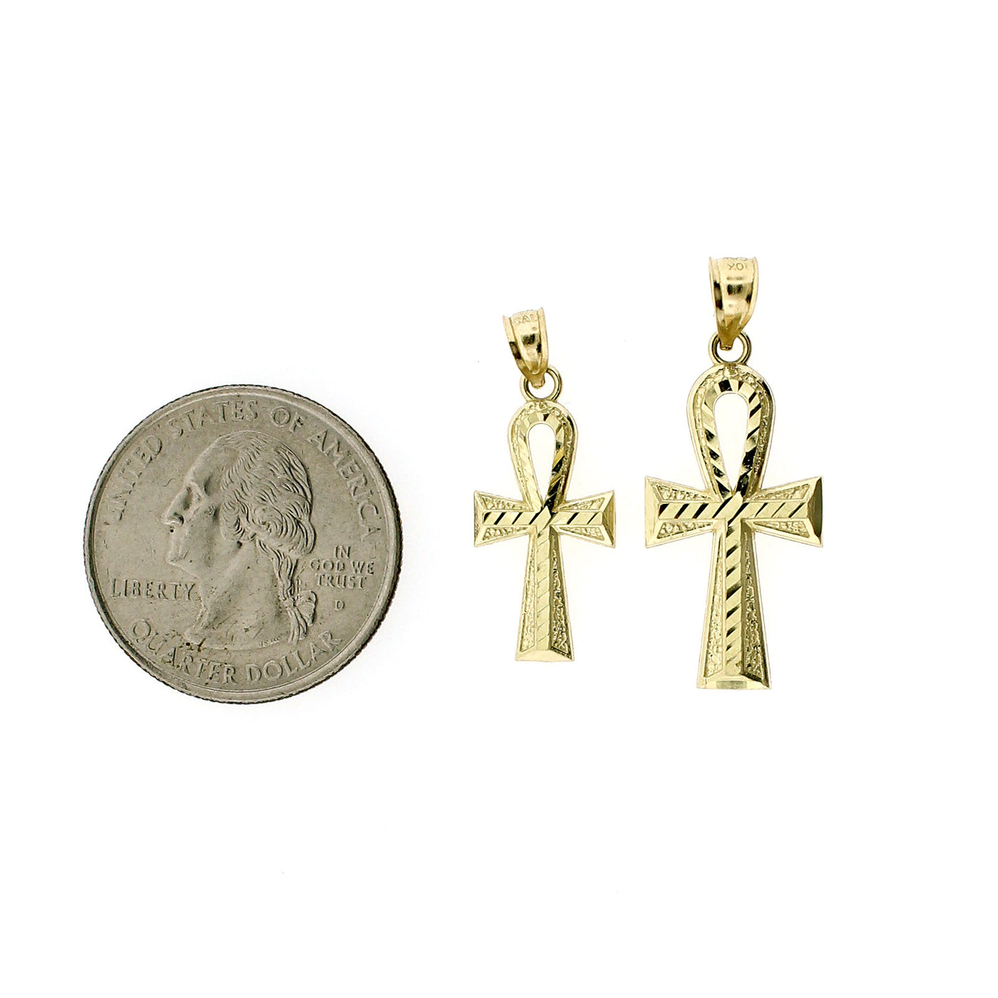 Real 10K Yellow Gold Diamond Cut Egyptian Ankh Cross Charm Pendant - 2 Sizes