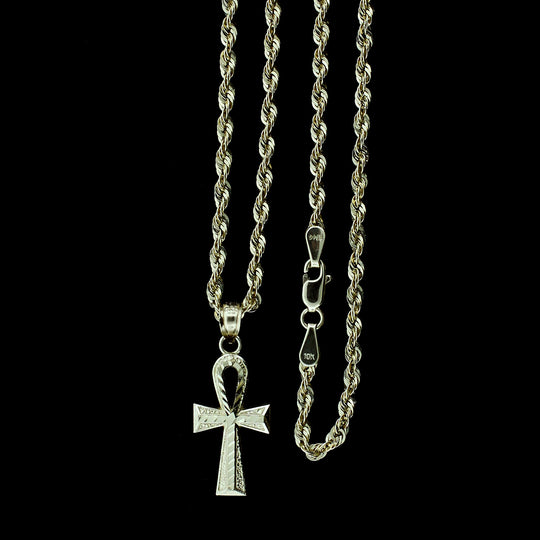 Real 10K Yellow Gold Diamond Cut Small Egyptian Ankh Cross Pendant &amp; Rope Chain Necklace Set