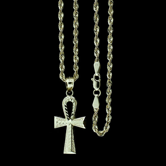 Real 10K Yellow Gold Diamond Cut Medium Egyptian Ankh Cross Pendant &amp; Rope Chain Necklace Set