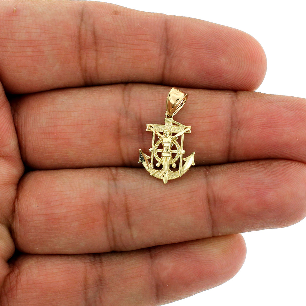 Real 10K Yellow Gold Small Jesus Anchor Cross Charm Pendant & 2mm Rope Chain Necklace Set