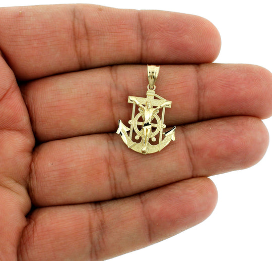Real 10K Yellow Gold Medium Jesus Anchor Cross Charm Pendant &amp; 2.5mm Rope Chain Necklace Set