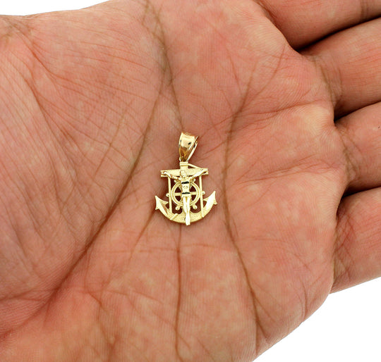 Real 10K Yellow Gold Small Jesus Anchor Cross Charm Pendant &amp; 2mm Rope Chain Necklace Set