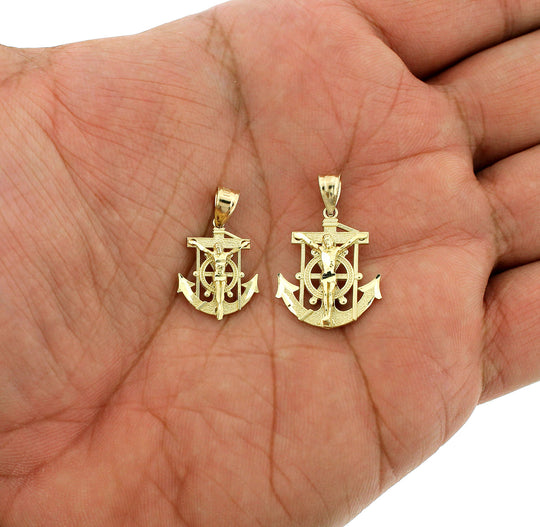 10K Yellow Gold Diamond Cut Jesus Crucifix Anchor Cross Charm Pendant - 2 Sizes