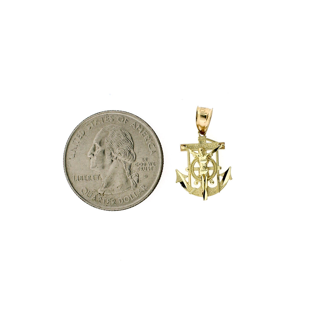 Real 10K Yellow Gold Small Jesus Anchor Cross Charm Pendant &amp; 2mm Rope Chain Necklace Set