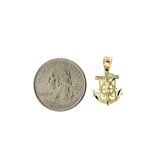 Real 10K Yellow Gold Small Jesus Anchor Cross Charm Pendant &amp; 2mm Rope Chain Necklace Set