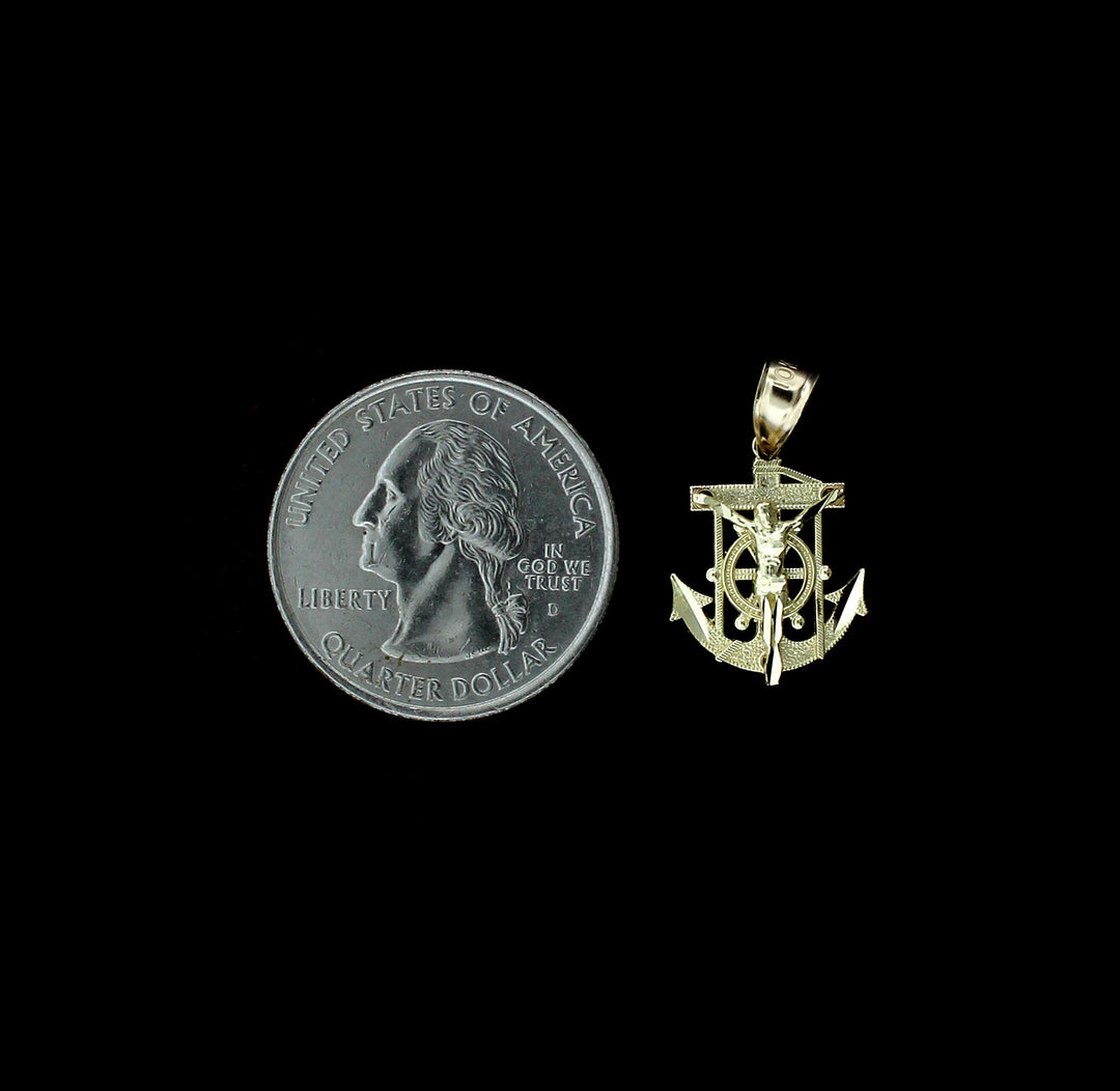 10K Yellow Gold Diamond Cut Jesus Crucifix Anchor Cross Charm Pendant - 2 Sizes