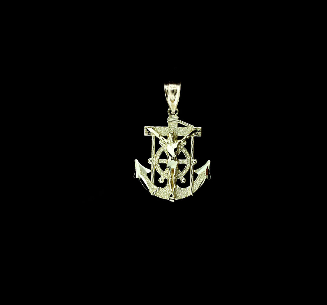 Mens Real 10K Yellow Gold Anchor Cross Pendant Diamond Cut Jesus Crucifix Charm