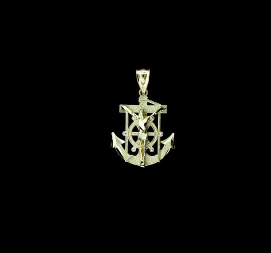 Mens Real 10K Yellow Gold Anchor Cross Pendant Diamond Cut Jesus Crucifix Charm