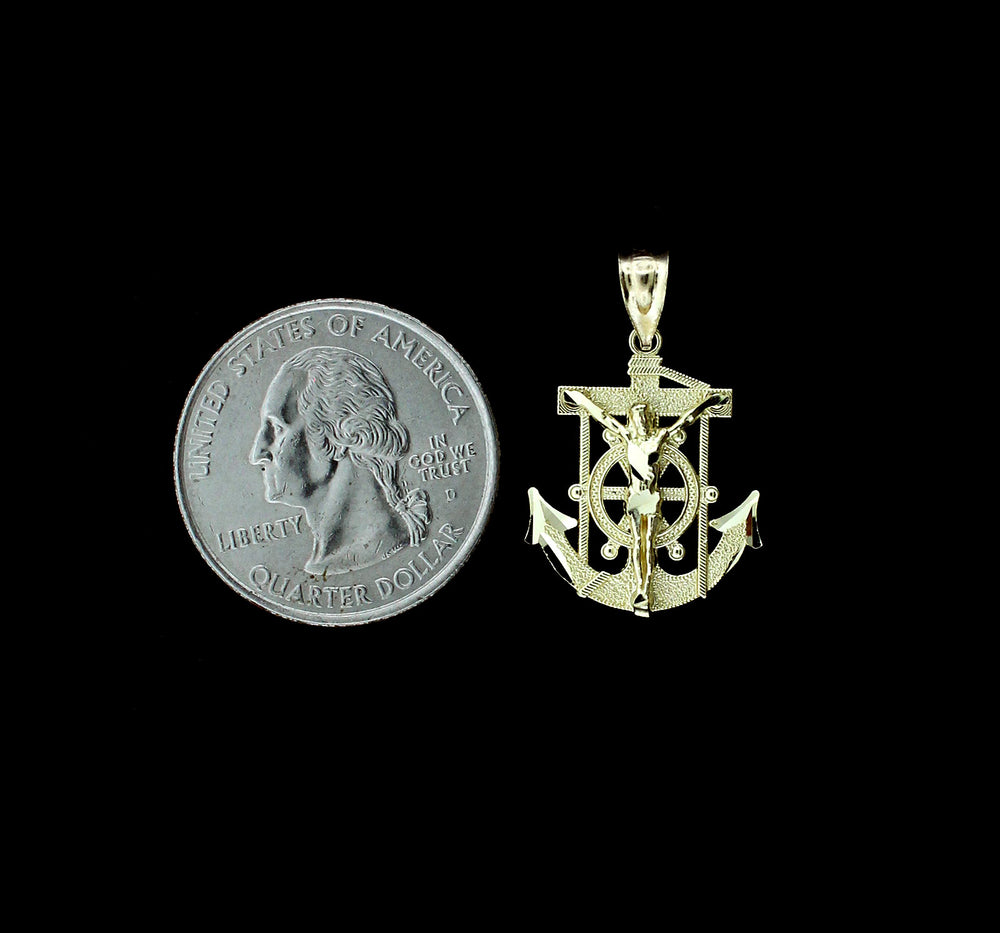 Real 10K Yellow Gold Medium Jesus Anchor Cross Charm Pendant & 2.5mm Rope Chain Necklace Set
