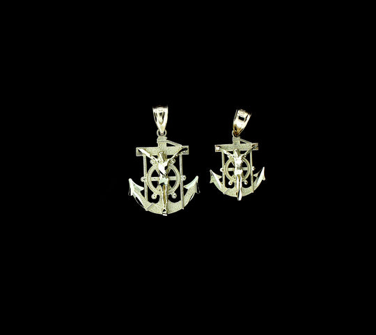 10K Yellow Gold Diamond Cut Jesus Crucifix Anchor Cross Charm Pendant - 2 Sizes