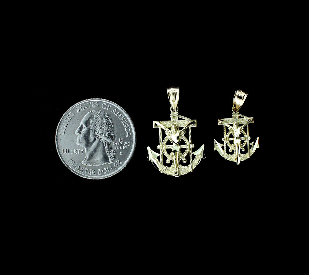10K Yellow Gold Diamond Cut Jesus Crucifix Anchor Cross Charm Pendant - 2 Sizes