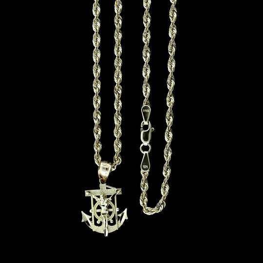 Real 10K Yellow Gold Small Jesus Anchor Cross Charm Pendant &amp; 2mm Rope Chain Necklace Set