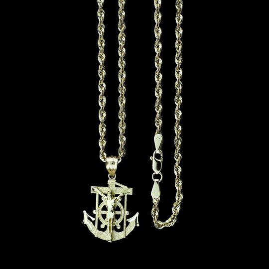 Real 10K Yellow Gold Medium Jesus Anchor Cross Charm Pendant &amp; 2.5mm Rope Chain Necklace Set