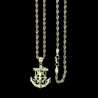 Real 10K Yellow Gold Medium Jesus Anchor Cross Charm Pendant & 2.5mm Rope Chain Necklace Set