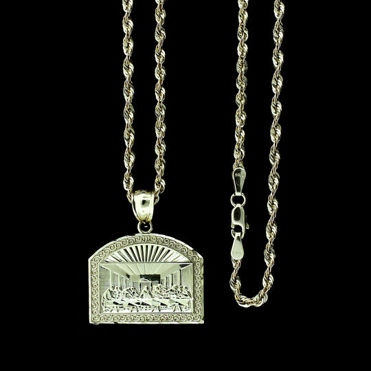 Mens Real 10K Yellow Gold Apostles Last Supper Pendant &amp; 2.5mm Rope Chain Necklace Set
