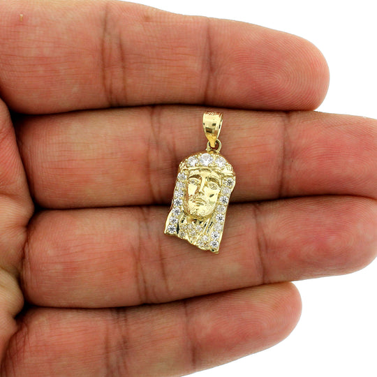 Mens Real 10K Yellow Gold CZ Jesus Head Face Pendant, 10KT Gold Charm