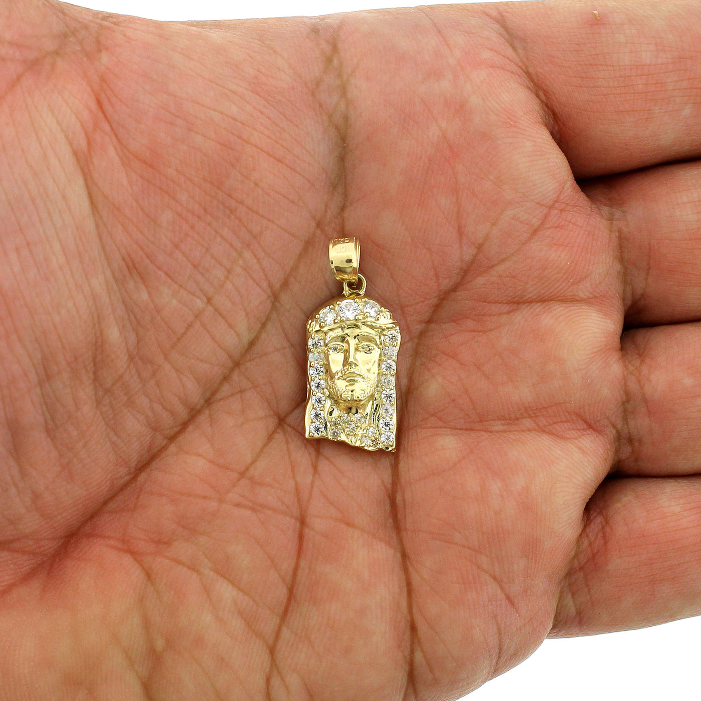 Mens Real 10K Yellow Gold CZ Jesus Head Face Pendant, 10KT Gold Charm