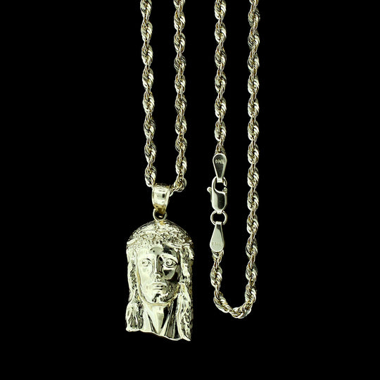 Mens Real 10K Yellow Gold Jesus Head Face Charm Pendant &amp; 2.5mm Rope Chain Necklace Set