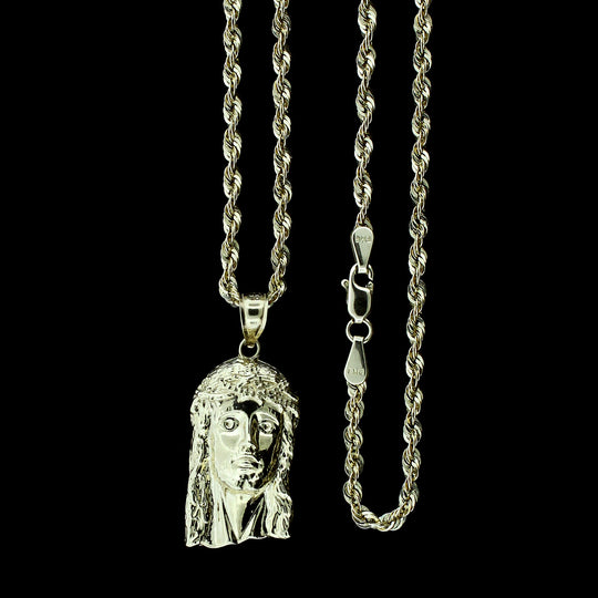 Mens Real 10K Yellow Gold Jesus Head Face Charm Pendant &amp; 2.5mm Rope Chain Necklace Set