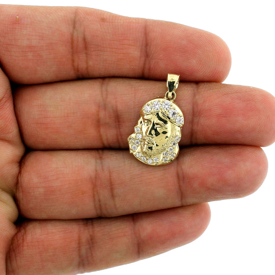 Mens Real 10K Yellow Gold CZ Jesus Head Face Pendant, 10KT Gold Charm