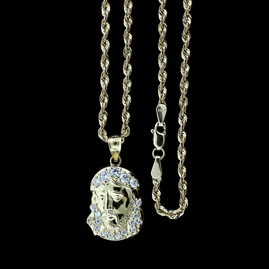 Mens Real 10K Yellow Gold Jesus Head Face Charm Pendant &amp; 2.5mm Rope Chain Necklace Set