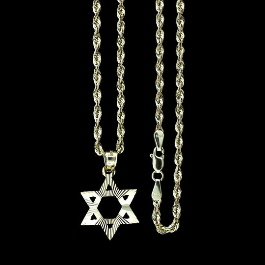 Mens Real 10K Yellow Gold Diamond Cut Star of David Pendant &amp; 2mm Rope Chain Necklace Set
