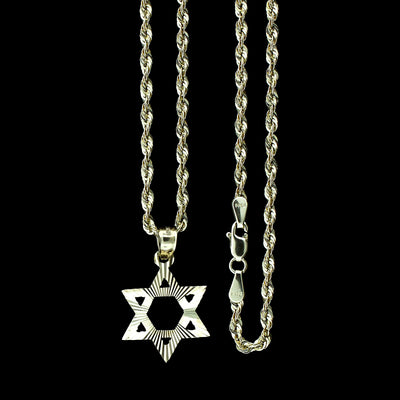 Mens Real 10K Yellow Gold Diamond Cut Star of David Pendant & 2.5mm Rope Chain Necklace Set