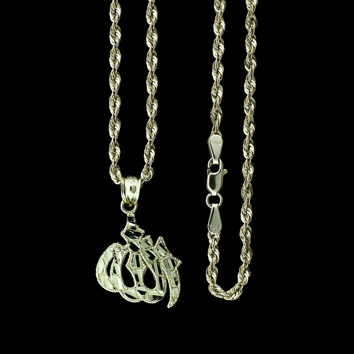 Real 10K Yellow Gold Diamond Cut Islamic Allah Arabic Charm Pendant & Rope Chain