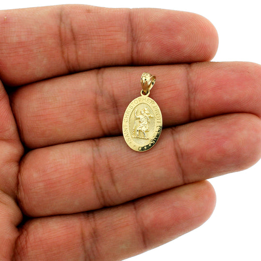 Real 10K Yellow Gold Oval Saint Christopher Charm Pendant, Men Women - 2 Sizes