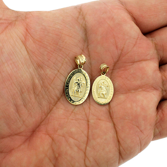 Real 10K Yellow Gold Oval Saint Christopher Charm Pendant, Men Women - 2 Sizes