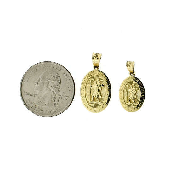 Real 10K Yellow Gold Oval Saint Christopher Charm Pendant, Men Women - 2 Sizes