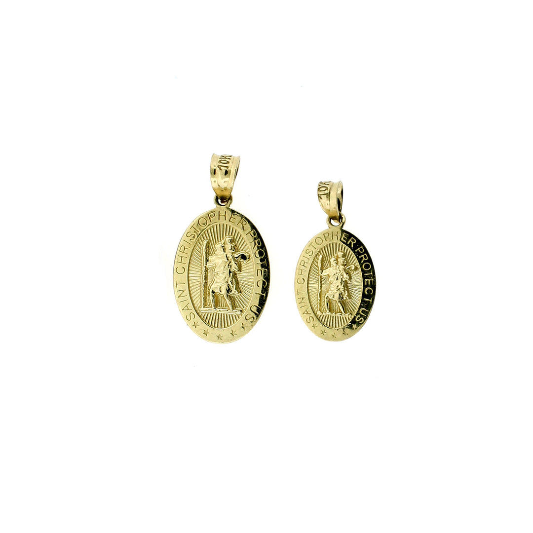 Real 10K Yellow Gold Oval Saint Christopher Charm Pendant, Men Women - 2 Sizes