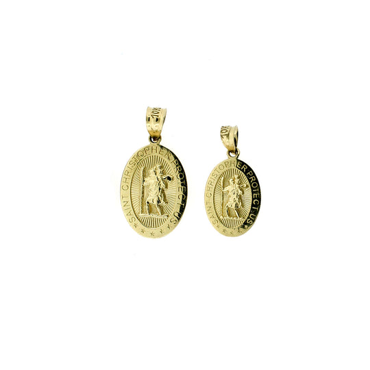 Real 10K Yellow Gold Oval Saint Christopher Charm Pendant, Men Women - 2 Sizes