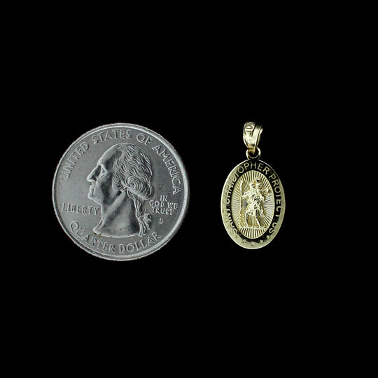 Real 10K Yellow Gold Oval Saint Christopher Charm Pendant, Men Women - 2 Sizes