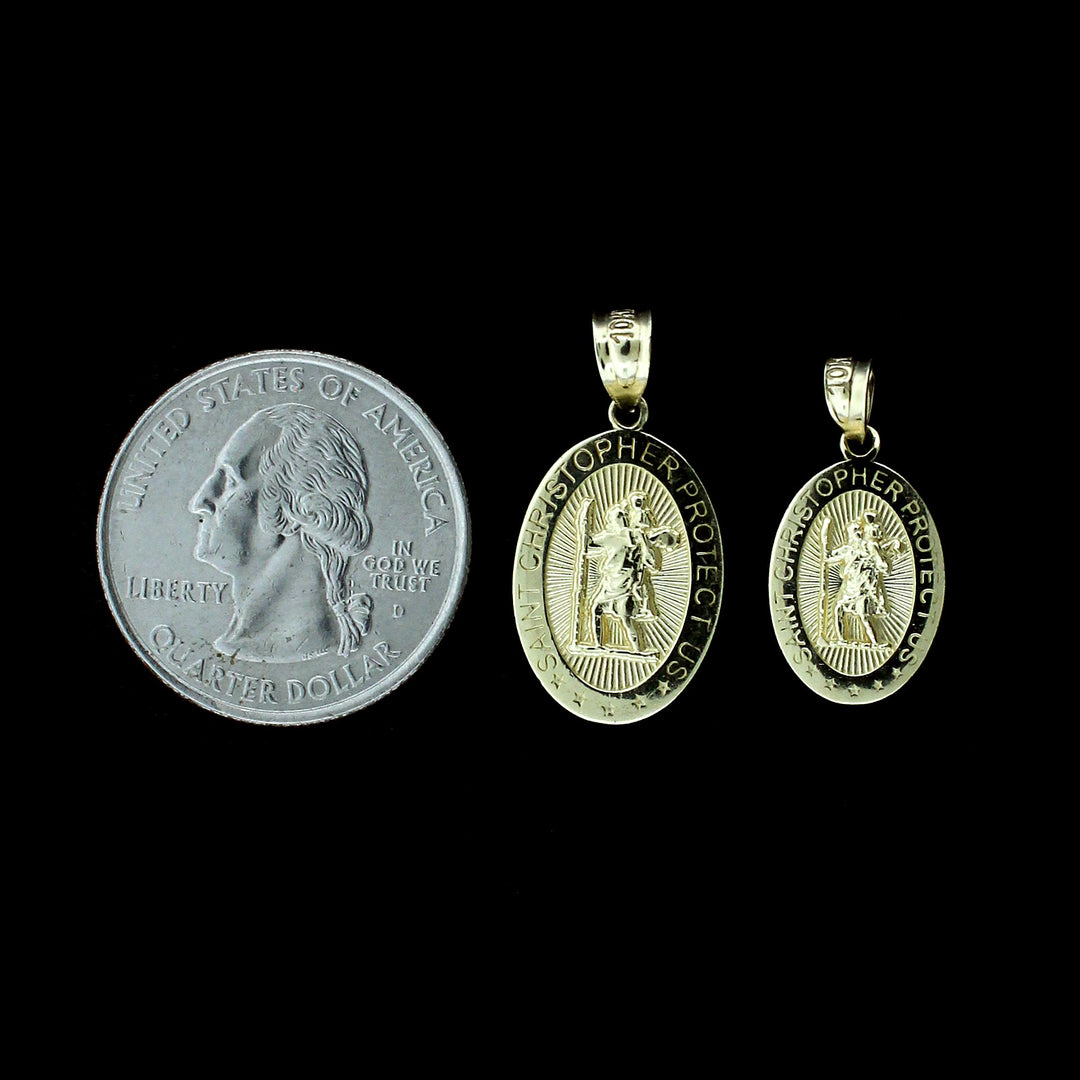 Real 10K Yellow Gold Oval Saint Christopher Charm Pendant, Men Women - 2 Sizes