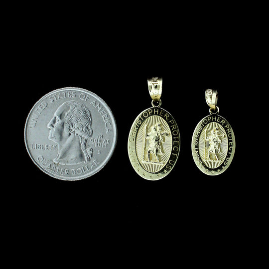 Real 10K Yellow Gold Oval Saint Christopher Charm Pendant, Men Women - 2 Sizes