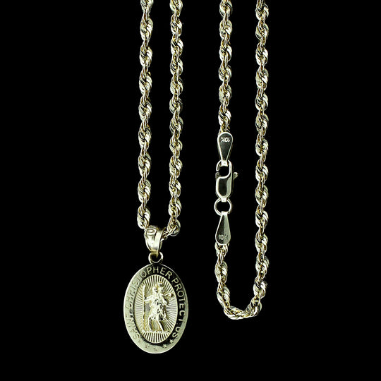 Real 10K Yellow Gold Saint Christopher Pendant &amp; 2.5mm Rope Chain Necklace Set